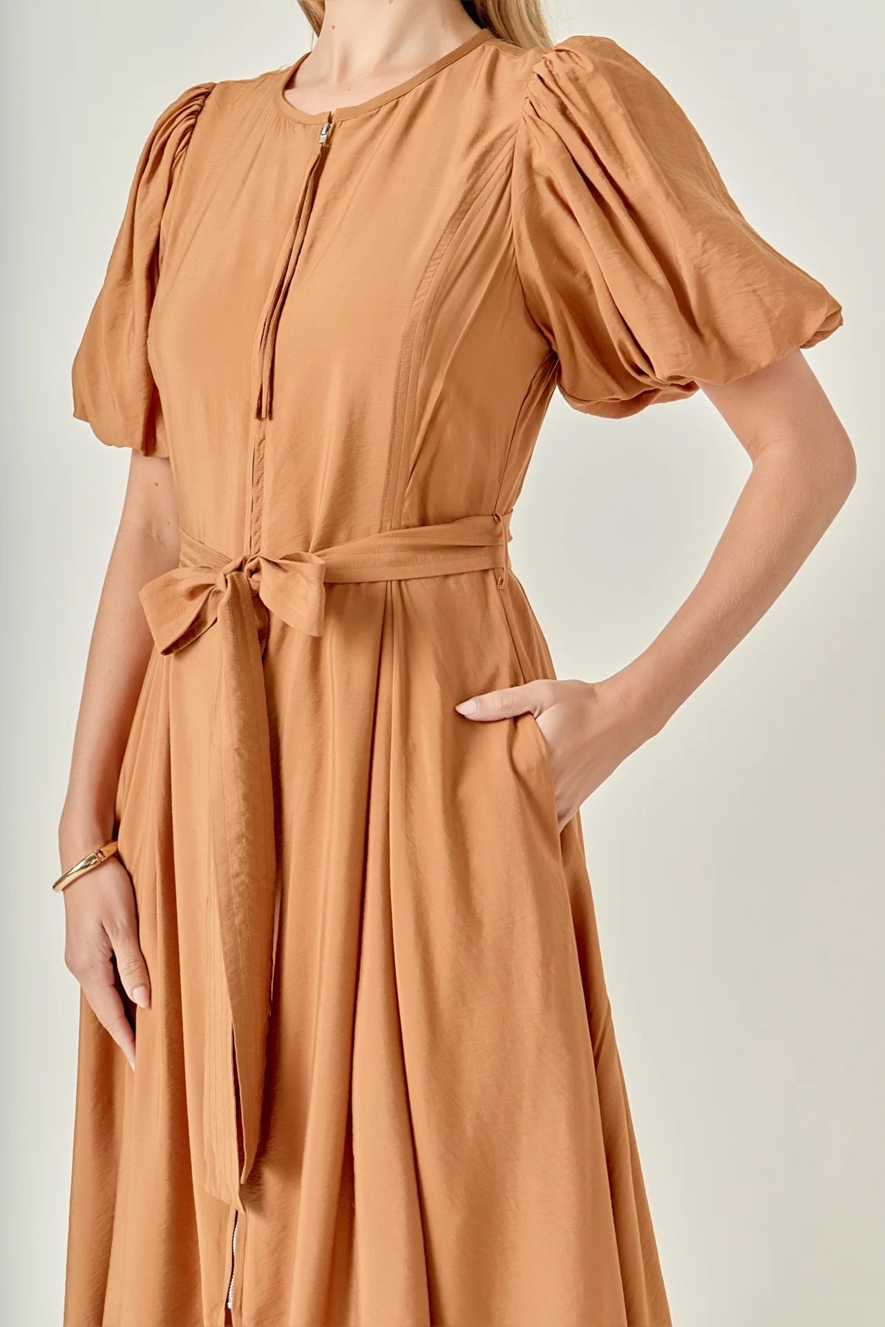 Puff Sleeve Belted Midi Dress