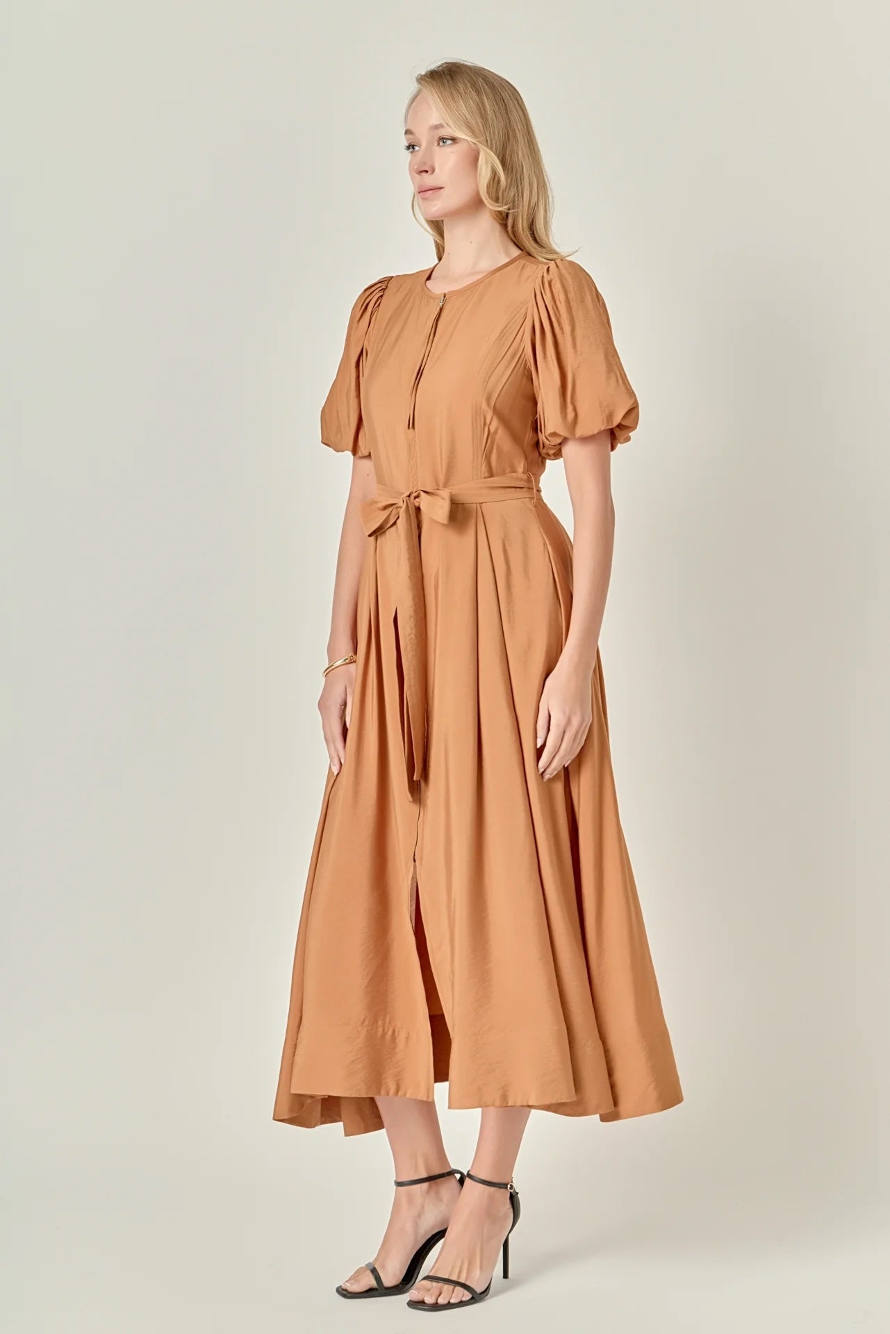 Puff Sleeve Belted Midi Dress