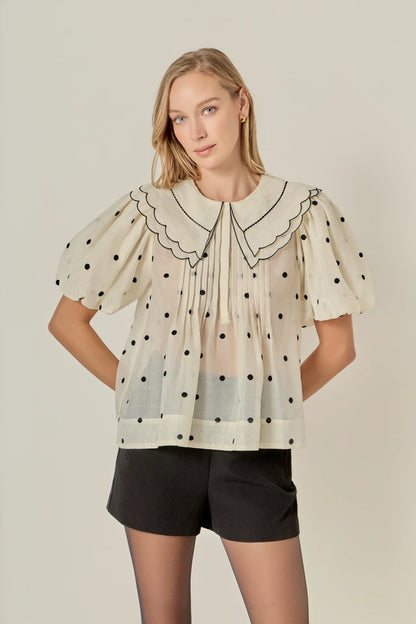 Scalloped Collar Sheer Polka Dot Blouse