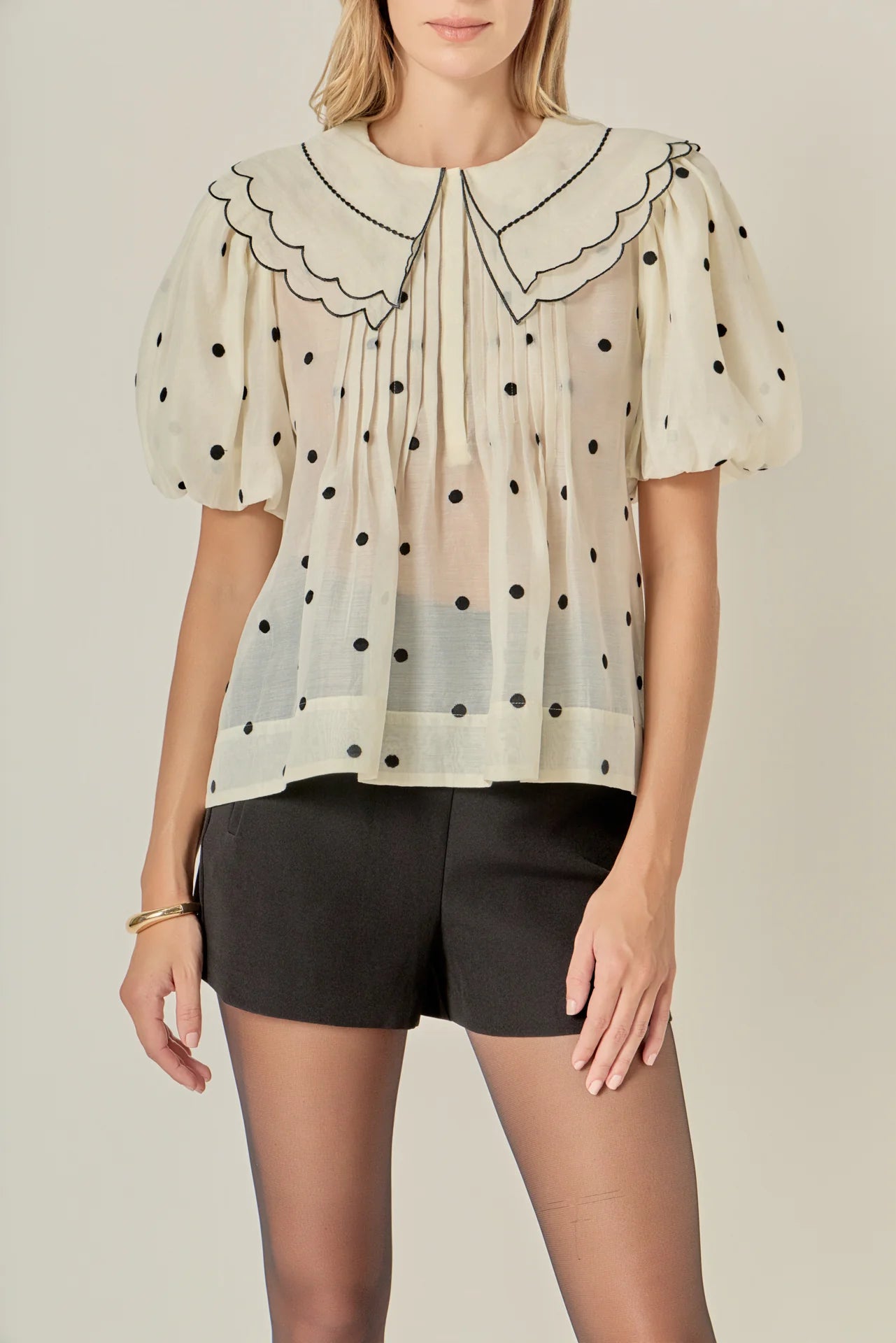Scalloped Collar Sheer Polka Dot Blouse
