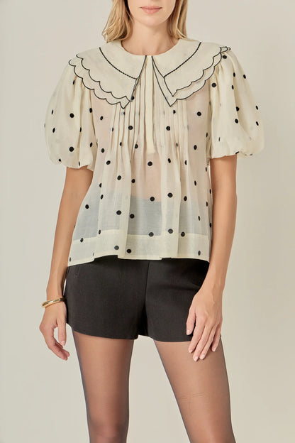 Scalloped Collar Sheer Polka Dot Blouse