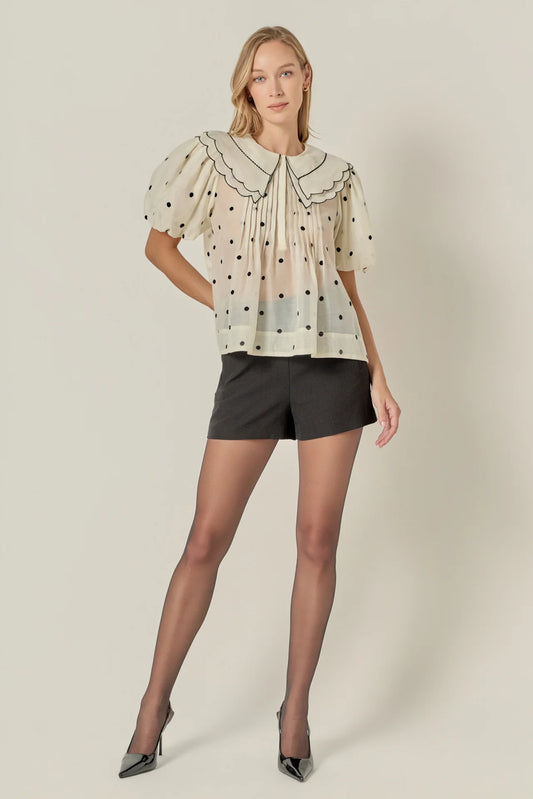 Scalloped Collar Sheer Polka Dot Blouse