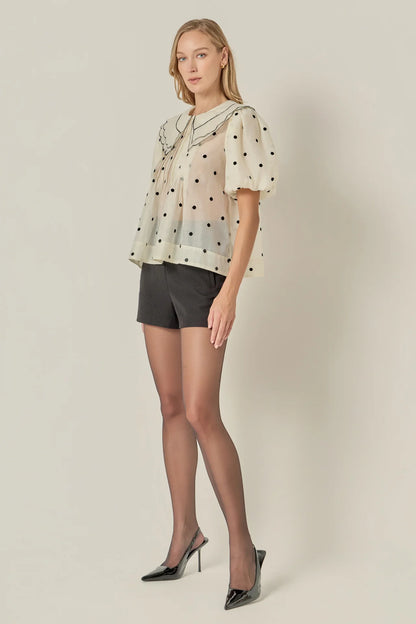 Scalloped Collar Sheer Polka Dot Blouse