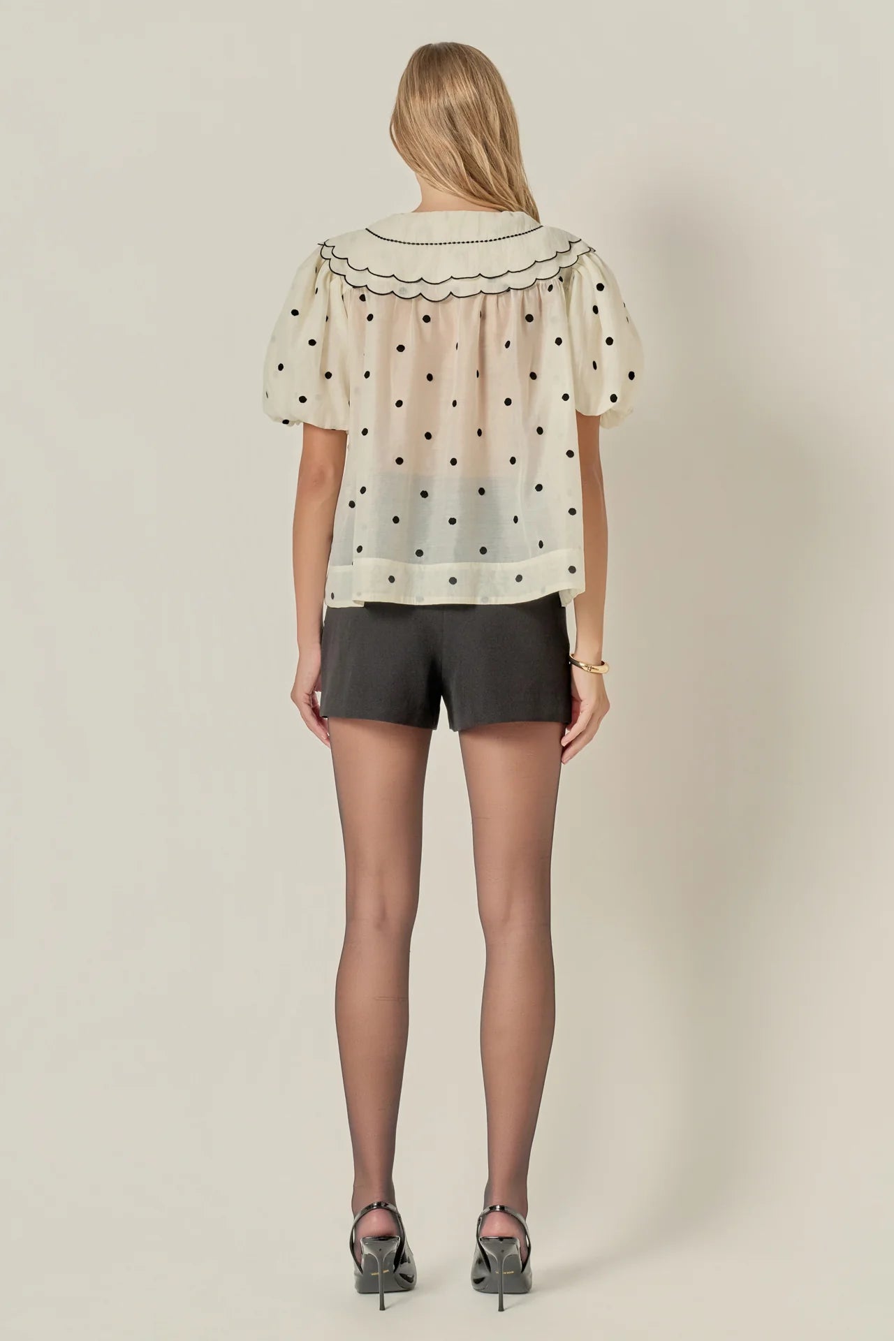 Scalloped Collar Sheer Polka Dot Blouse
