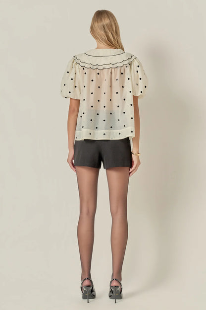 Scalloped Collar Sheer Polka Dot Blouse