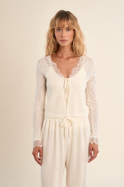 Lace Trim Tie Front Cardigan
