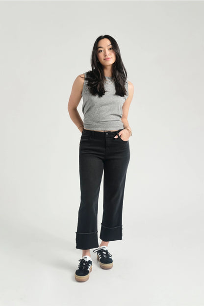 Roll Cuff Straight Leg Jeans in Black