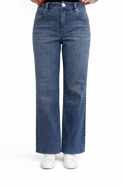 Mid-Rise Slim Wide Leg Jeans w/ Raw Hem
