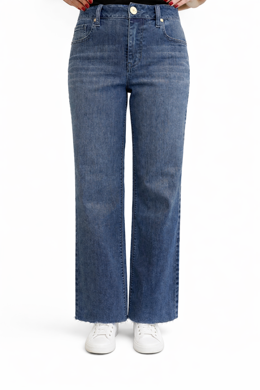 Mid-Rise Slim Wide Leg Jeans w/ Raw Hem
