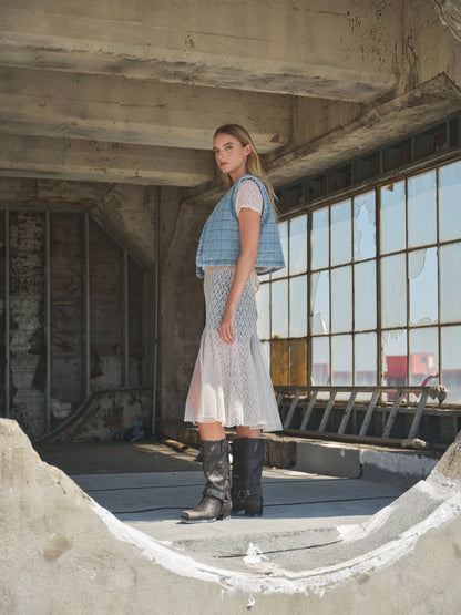 Short Sleeves Lace Sheer Accents Midi Dress