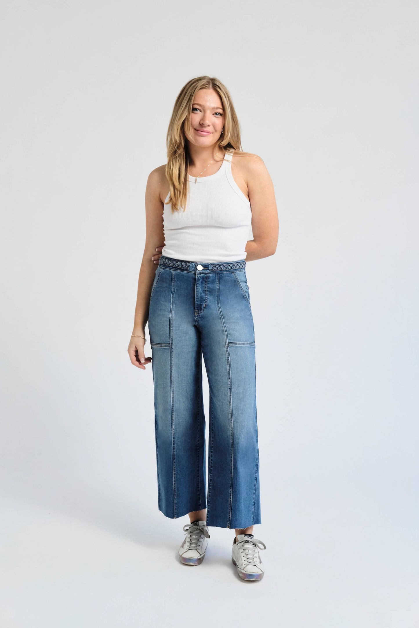 Cropped Wide Leg Jean w/ Braided Waistband in Bolt