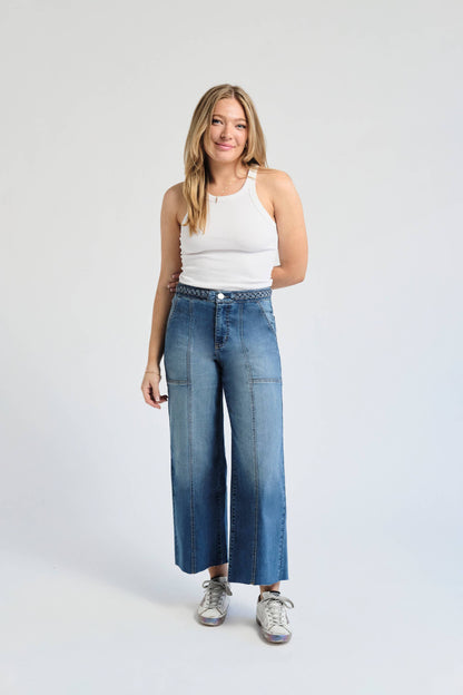 Cropped Wide Leg Jean w/ Braided Waistband in Bolt