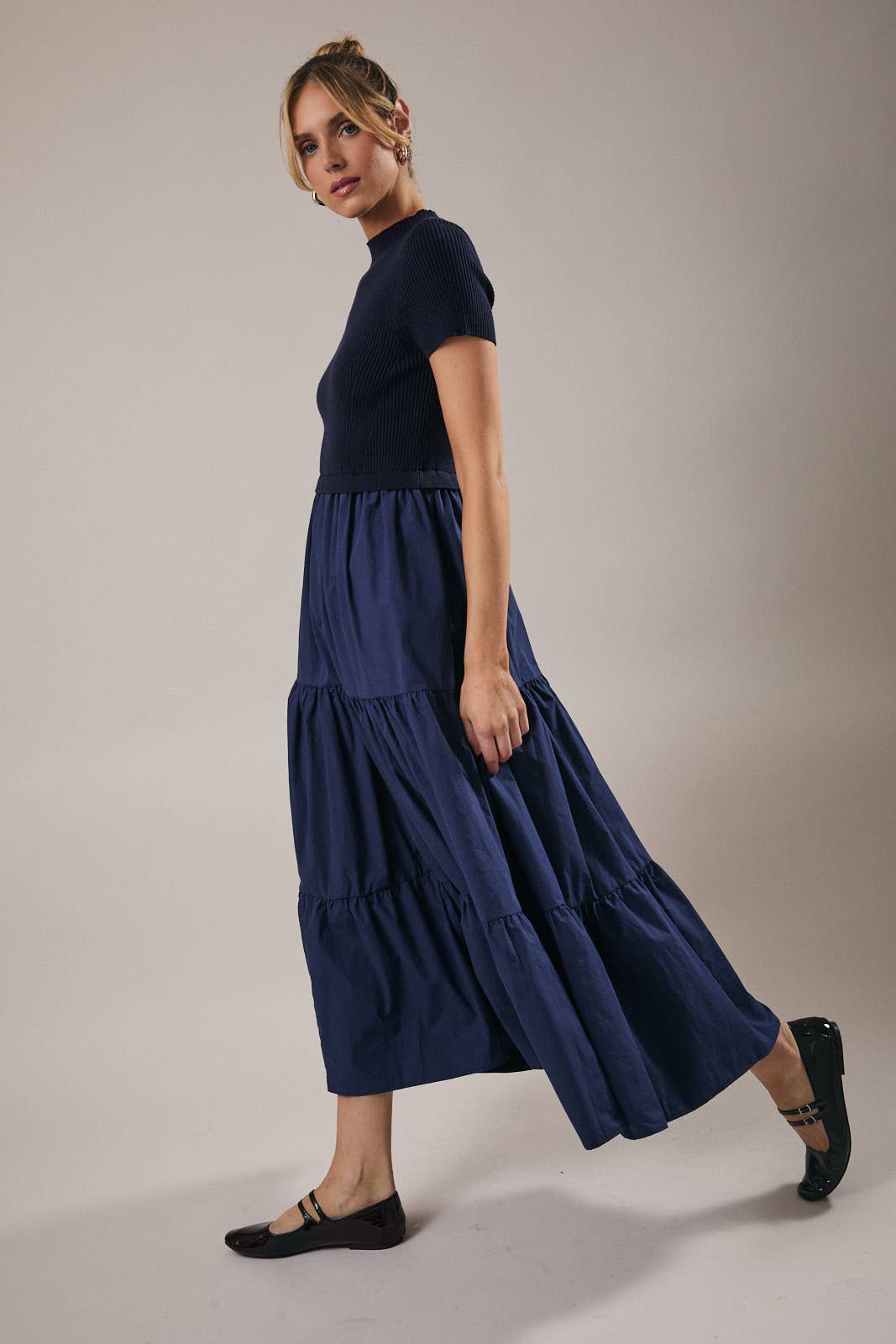 Knit & Woven Mix Tiered Midi Dress