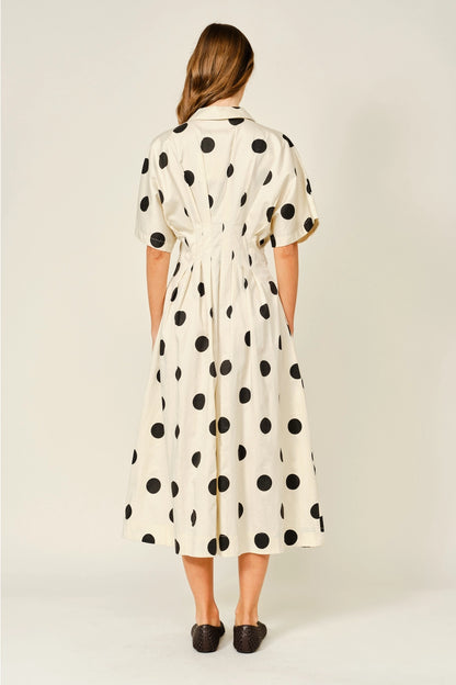 Stretch Polka Dot Pintuck Midi Shirt Dress