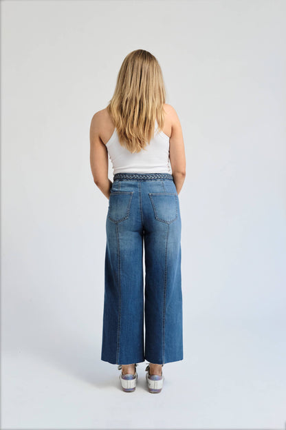 Cropped Wide Leg Jean w/ Braided Waistband in Bolt