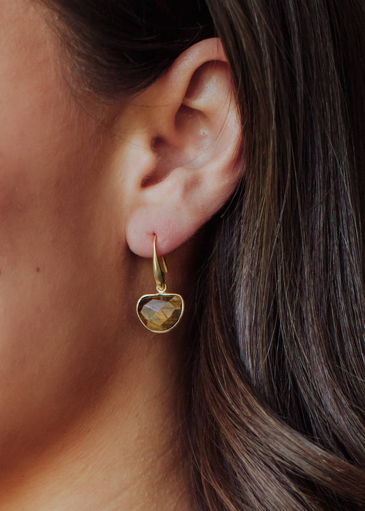 Gold Dangle Earring with Brown Stone