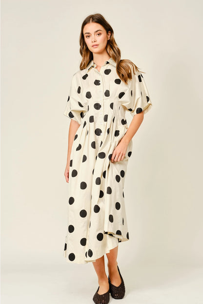 Stretch Polka Dot Pintuck Midi Shirt Dress