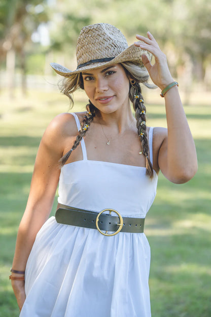 Extra Wide Circle Buckle Genuine Leather Belt