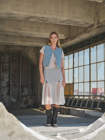 Short Sleeves Lace Sheer Accents Midi Dress