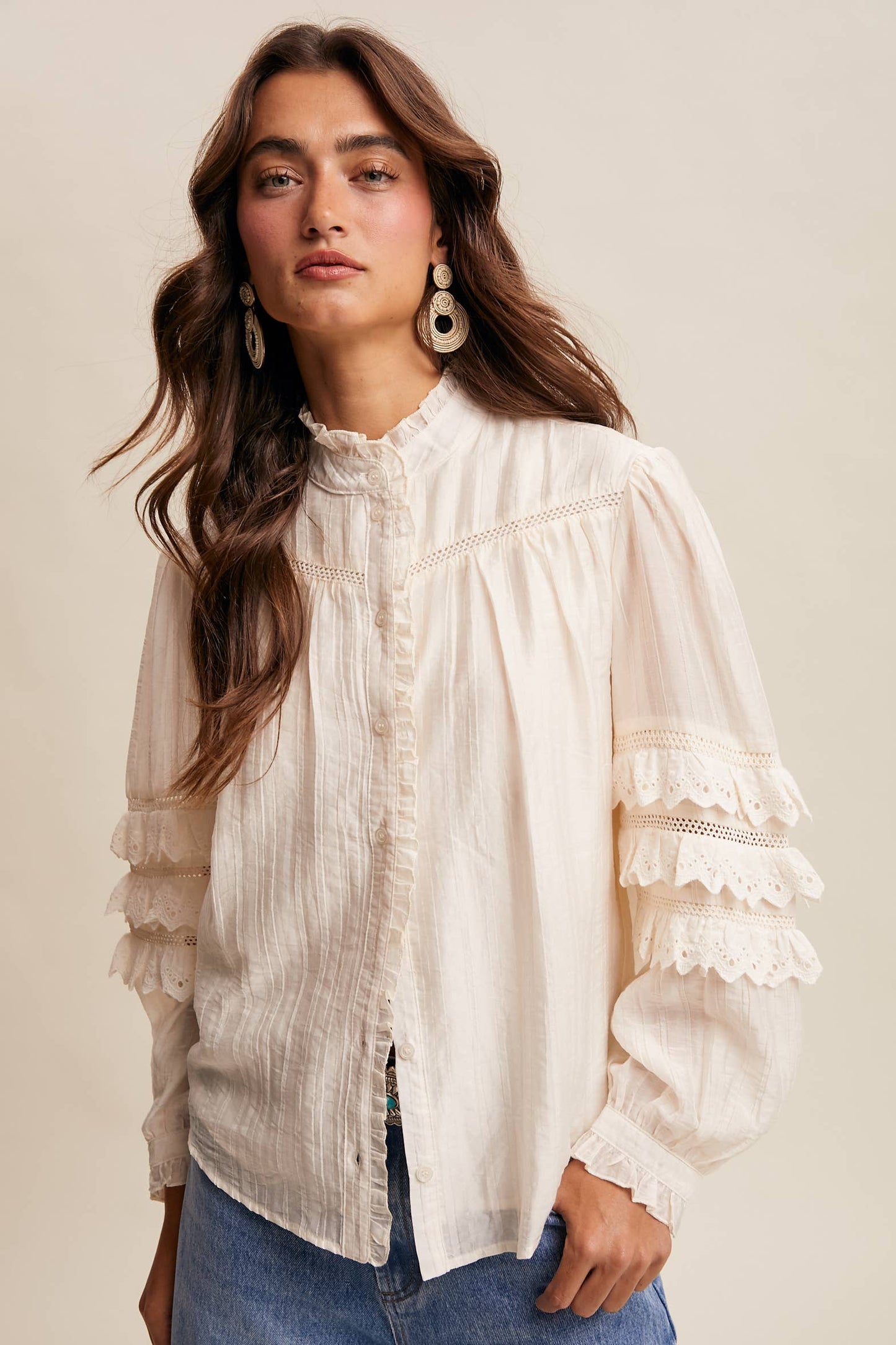 Lace Ruffle Sleeve Pintuck Blouse