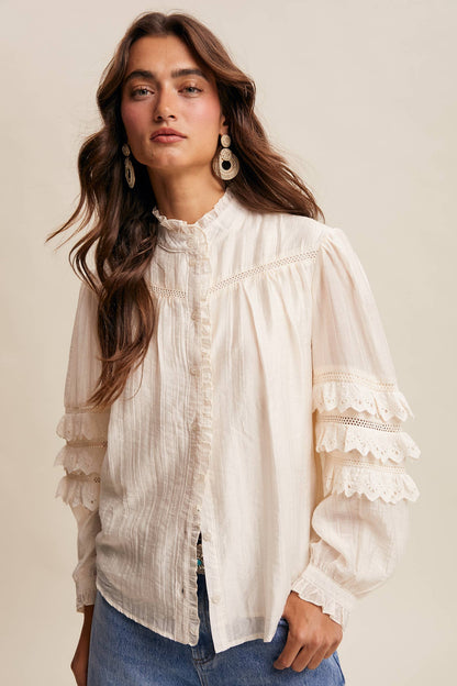 Lace Ruffle Sleeve Pintuck Blouse