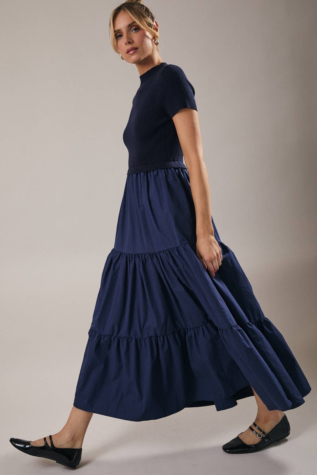 Knit & Woven Mix Tiered Midi Dress