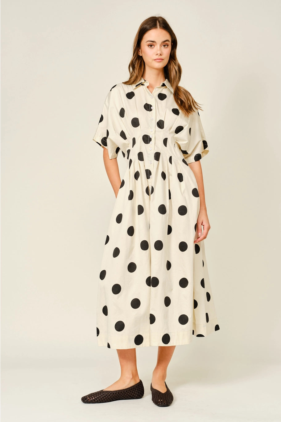 Stretch Polka Dot Pintuck Midi Shirt Dress