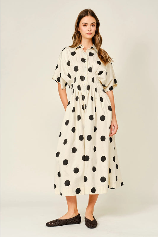 knee length dresses for ladies White Cotton Polka Dot Shirt Dress - Maxi Dresses main image 1