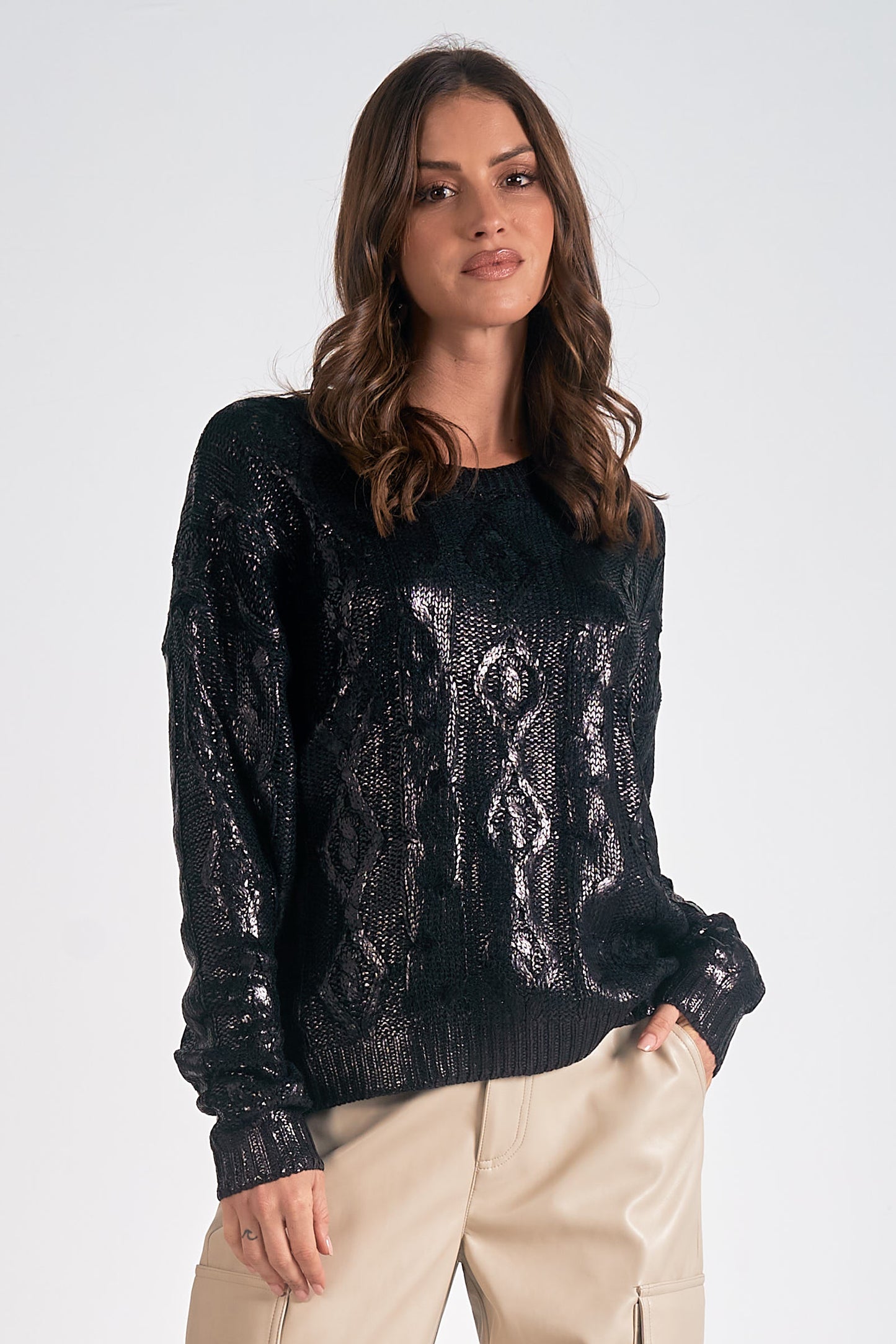 Metallic Black Cable Knit Sweater