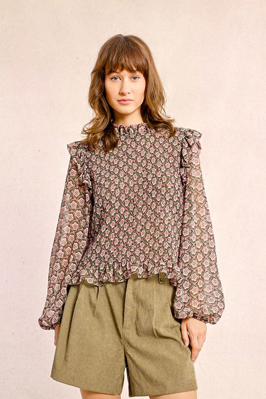 Smocked Flower Print Blouse