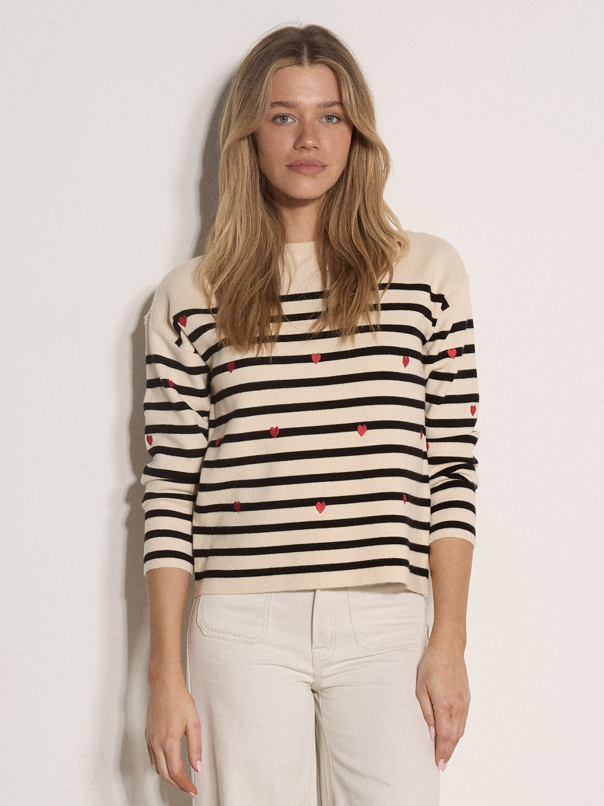Embroidered Hearts Stripe Sweater