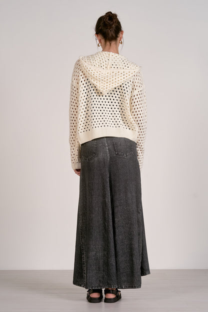 Openwork Zipper Hooded Cardigan