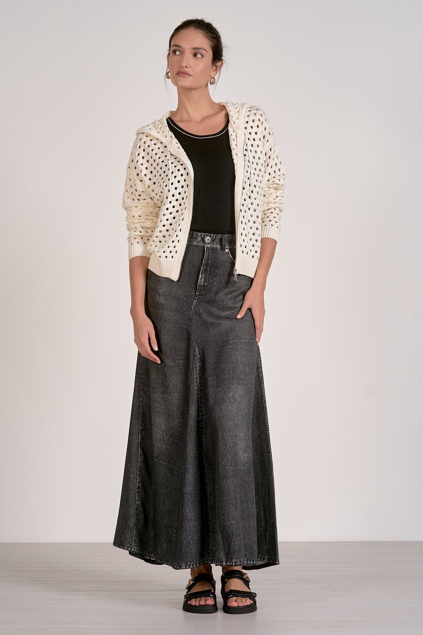 Openwork Zipper Hooded Cardigan