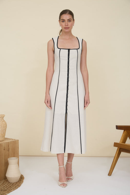 Linen Blend Piped Midi Dress