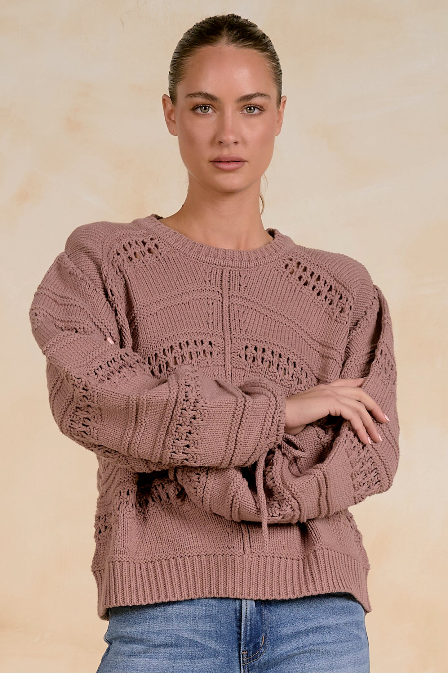 Open Knit Tie Sleeve Sweater
