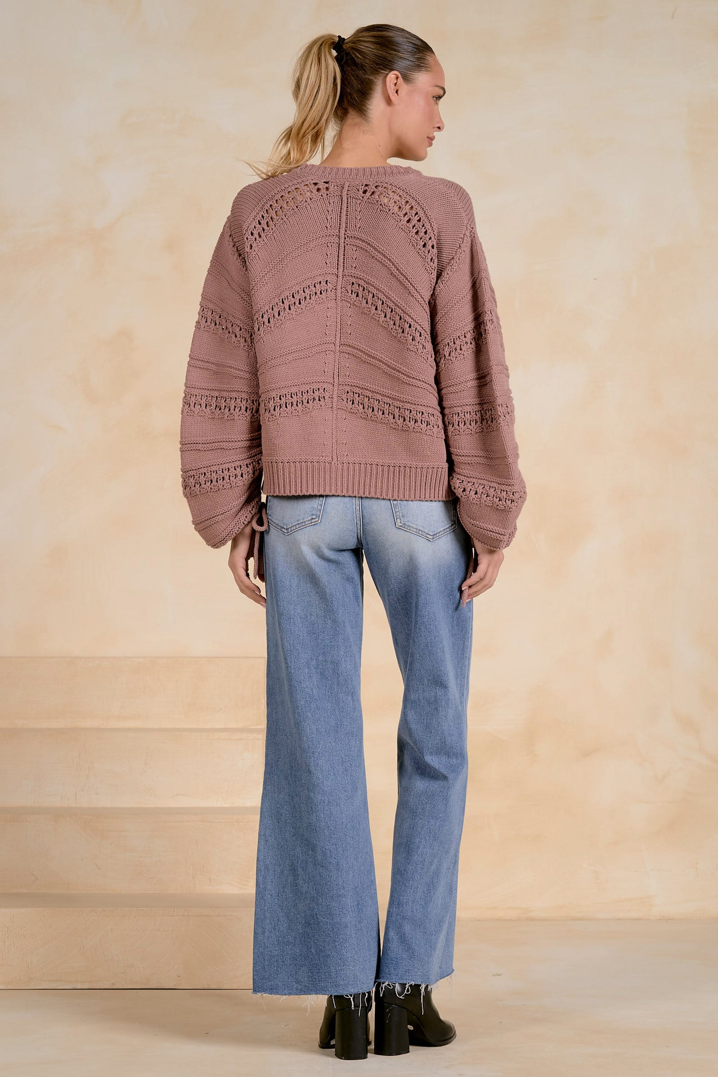 Open Knit Tie Sleeve Sweater