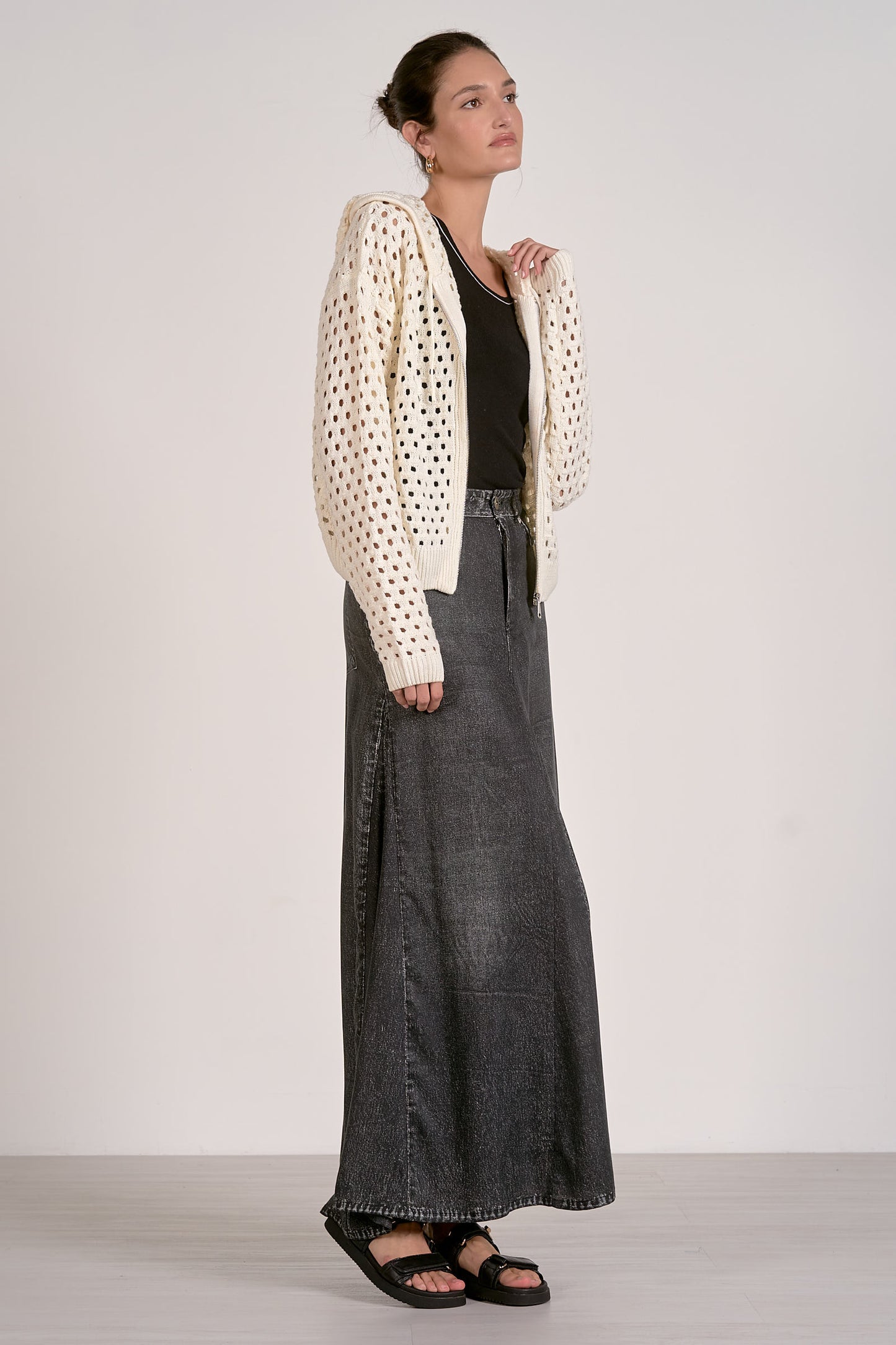 Openwork Zipper Hooded Cardigan