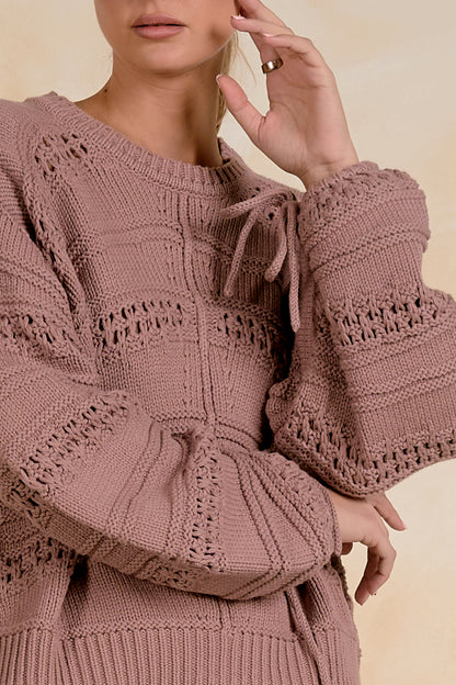 Open Knit Tie Sleeve Sweater