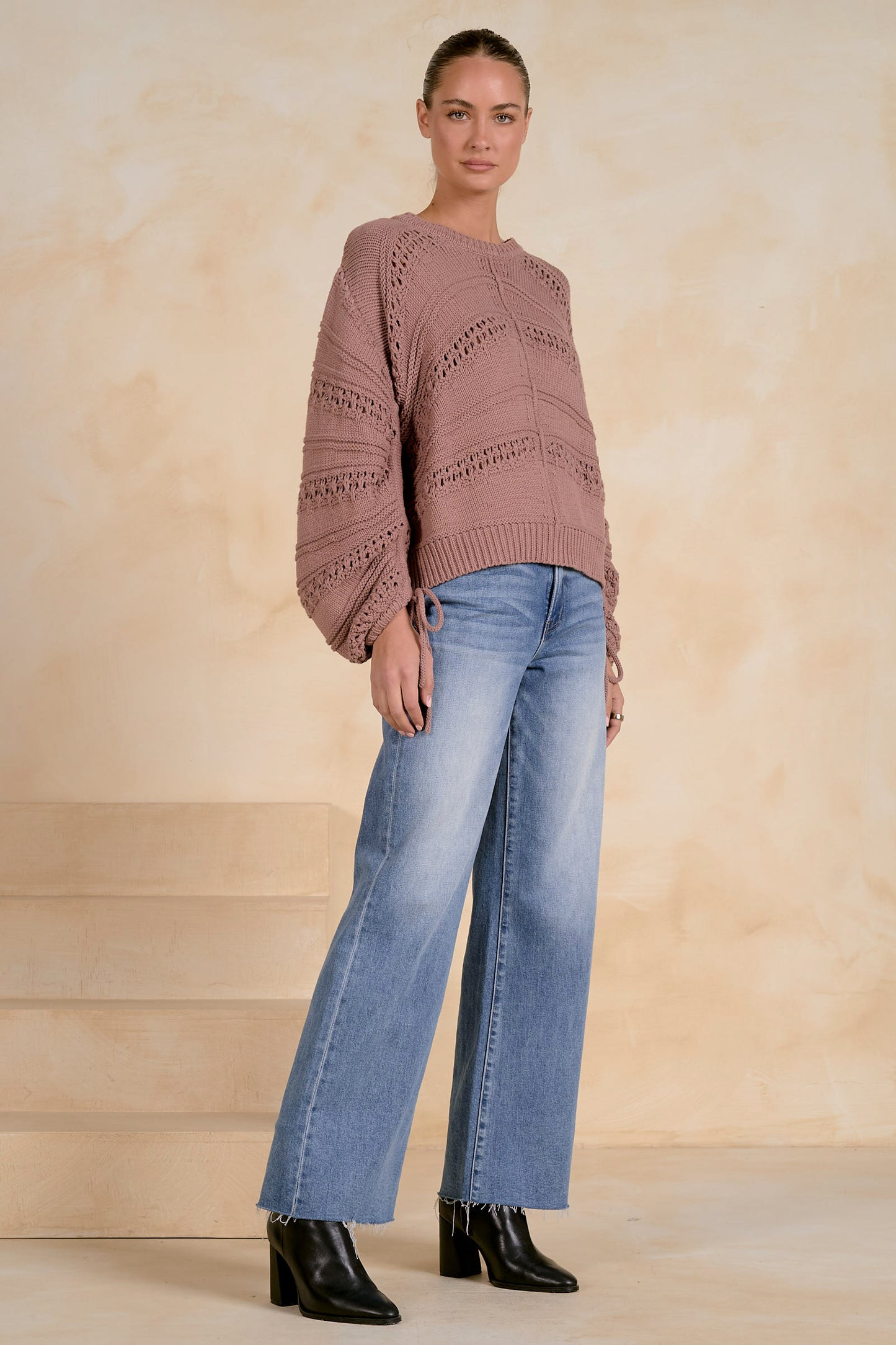 Open Knit Tie Sleeve Sweater
