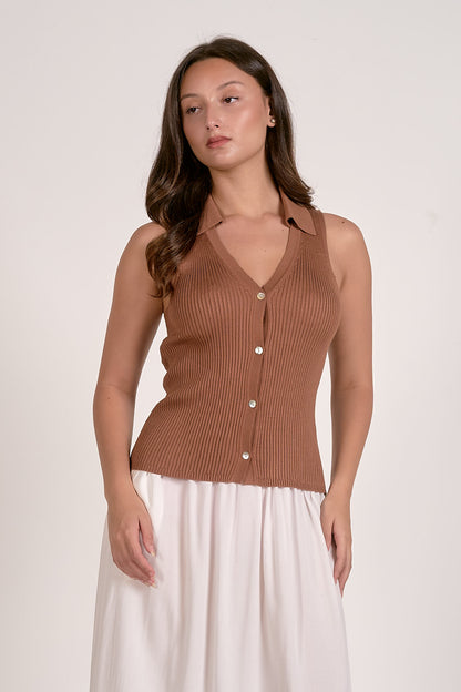 Ribbed Button Front Sleeveless Top