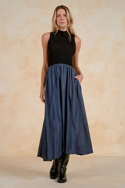 Mixed Media Sleeveless Maxi Dress