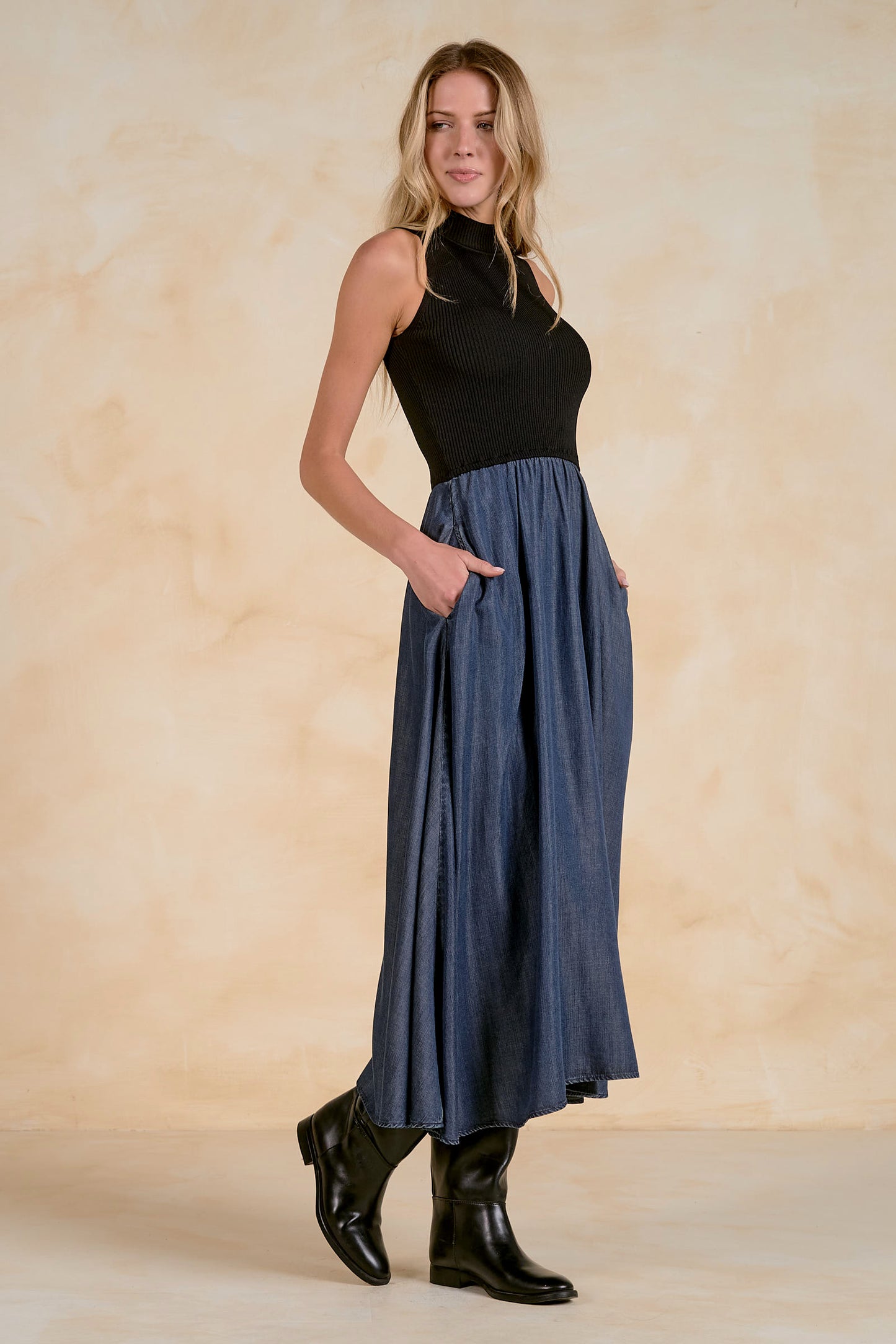 Mixed Media Sleeveless Maxi Dress