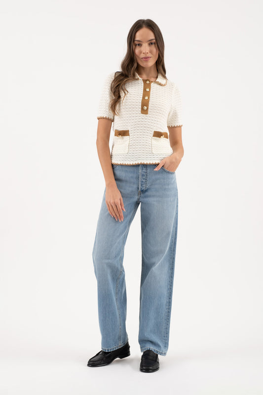 Contrast Stitch Polo Short Sleeve Sweater