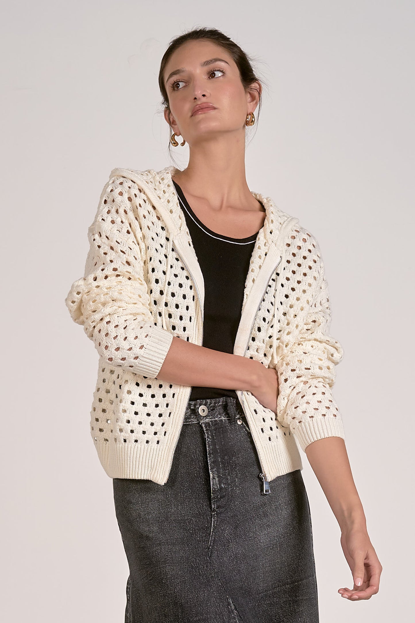 Openwork Zipper Hooded Cardigan