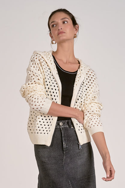 Openwork Zipper Hooded Cardigan