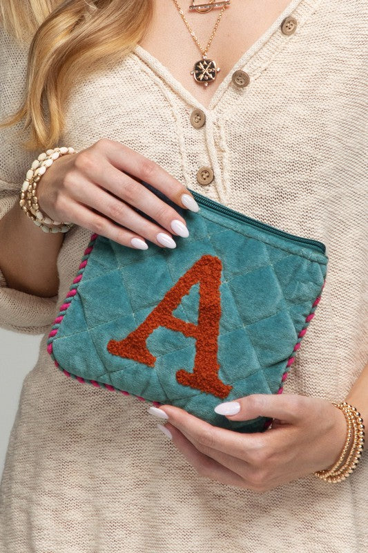 Hand Embroidered Initial Velvet Pouch