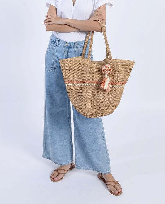 Woven Tote Bag with Pom Pom Tassel