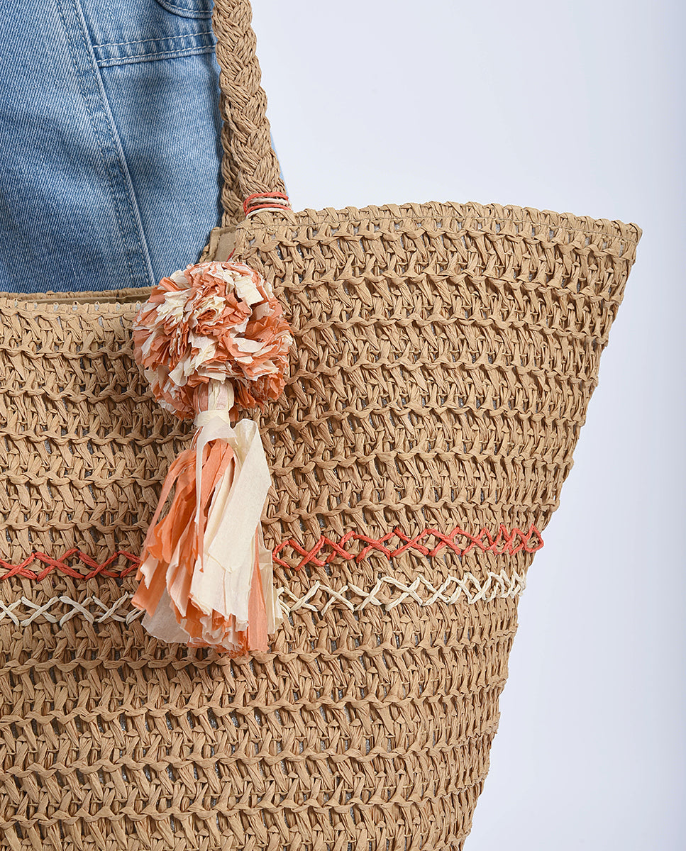 Woven Tote Bag with Pom Pom Tassel